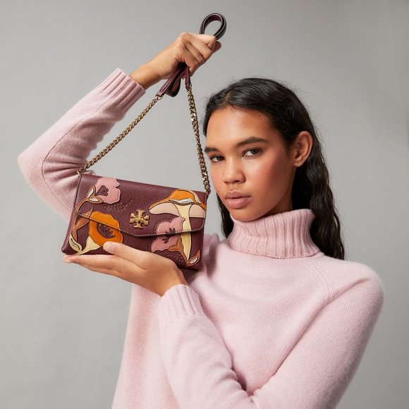 Tory Burch Handbags - Tory Burch Kira Applique Floral Bag Brown Leather Handbag Burgundy Wine Purse NW